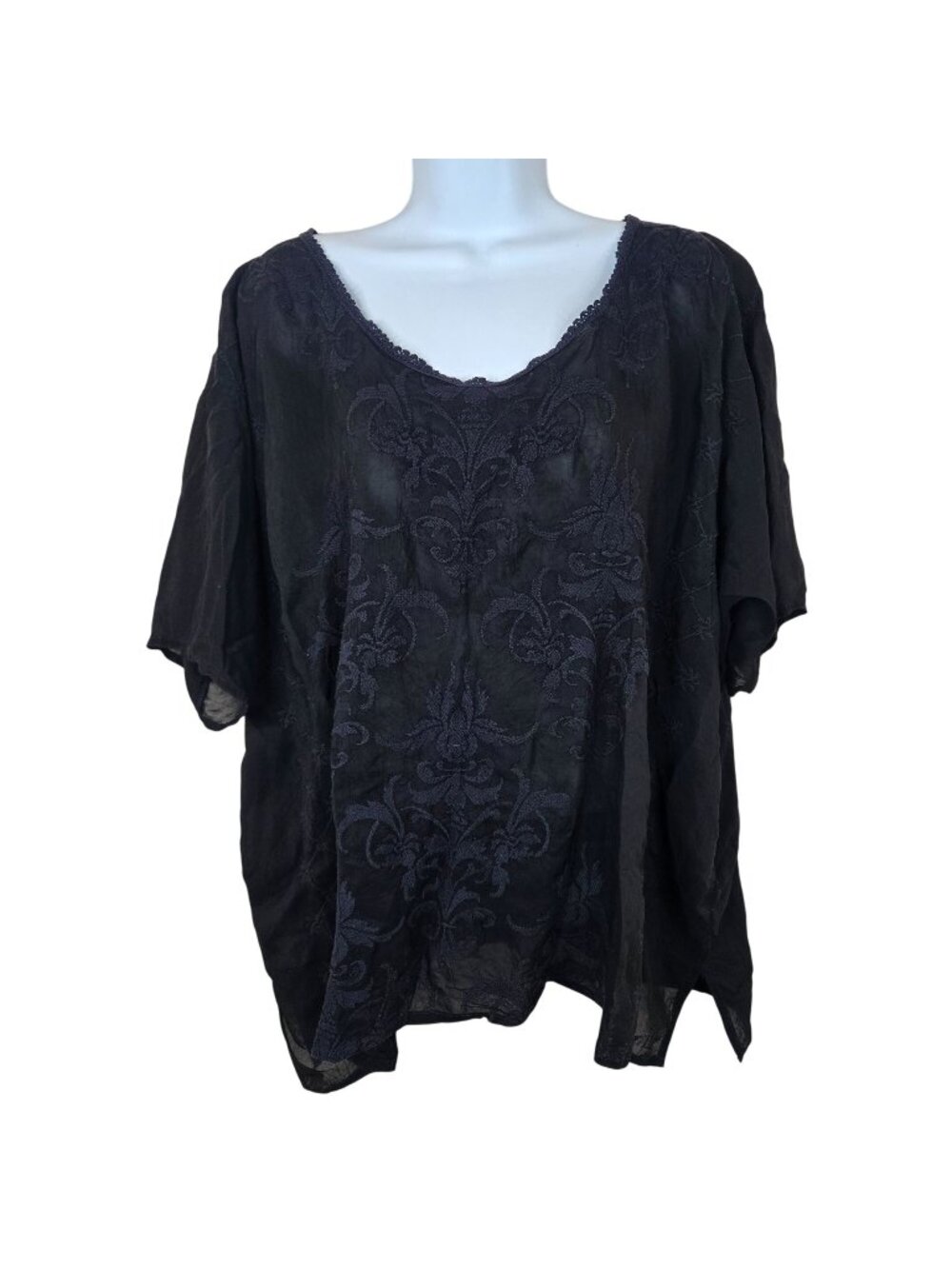 Johnny Was Black Embroidered Floral Blouse Top V-Neck Short Sleeves Womens XL